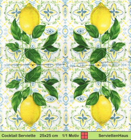 Zitronen auf blauen Ornamenten - 1 Cocktail Serviette
