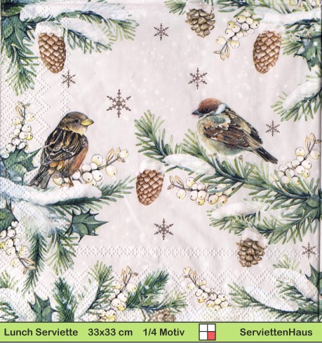Zwei Spatzen im schneebedeckten Tannenbaum - 1 Lunch Serviette