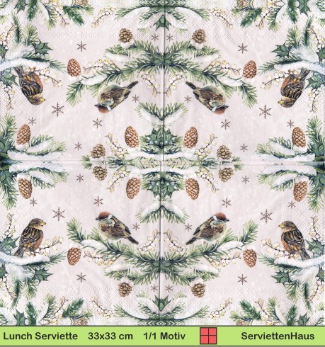 Zwei Spatzen im schneebedeckten Tannenbaum - 1 Lunch Serviette