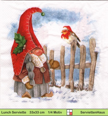 Holmblad - Zwergenfrau am Zaun mit Rotkehlchen - 1 Lunch Serviette