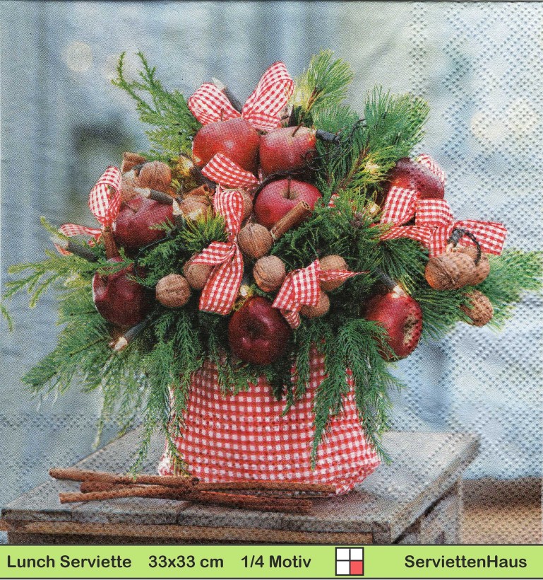 Nüsse und Äpfel mit Tannenzweigen als Strauß - 1 Lunch Serviette