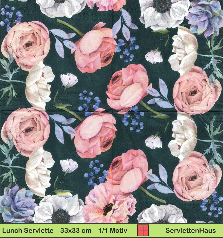 Rosen Beeren und Anemonen - 1 Lunch Serviette - Halbes Motiv