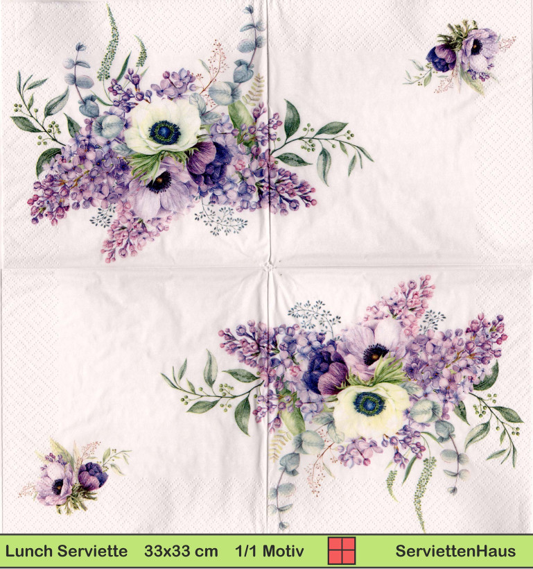 Anemonen und Flieder - 1 Lunch Serviette - Halbes Motiv