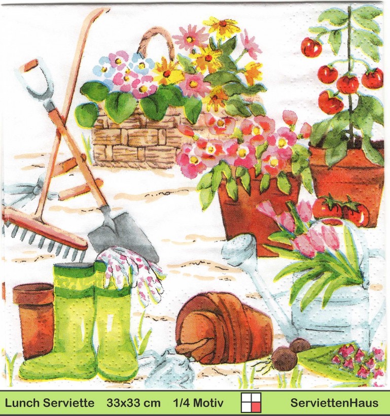 Wir arbeiten im Garten mit Gummistiefel Harke Spaten Gießkanne - 1 Lunch Serviette