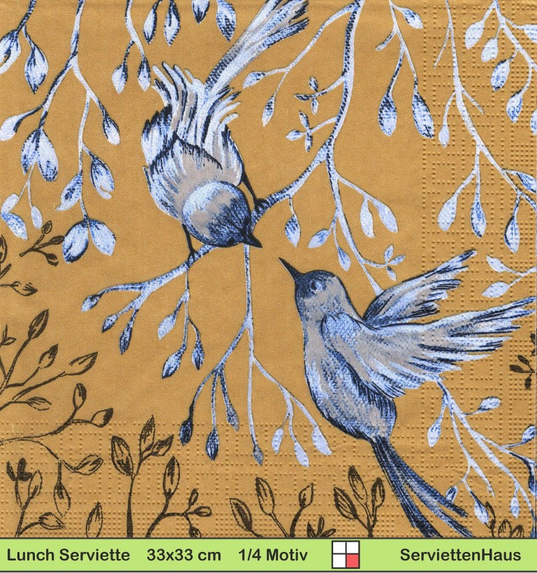 Zwei blaue Vögel auf gold - 1 Lunch Serviette