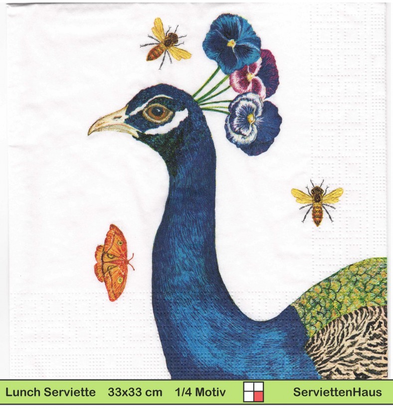 Blauer Pfau mit Bienen und Schmetterling - 1 Lunch Serviette