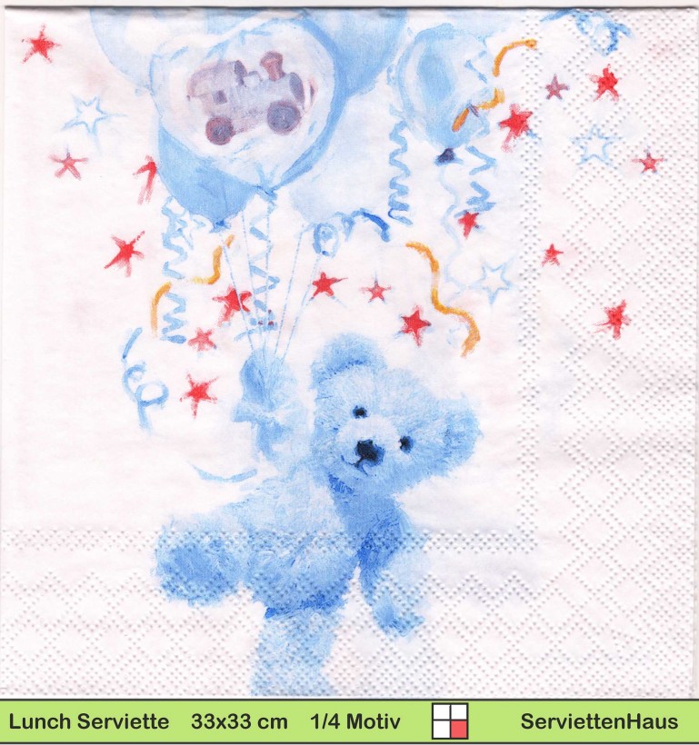 Teddy in blau mit Luftballons - 1 Lunch Serviette