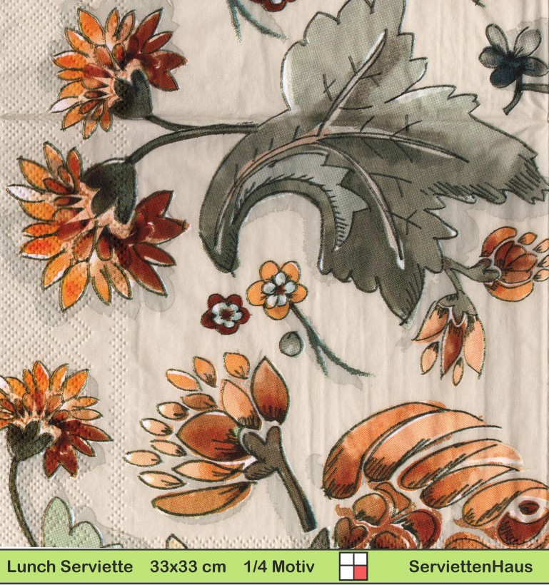 Gezeichnete Blumen und Blätter auf beige - 1 Lunch Serviette