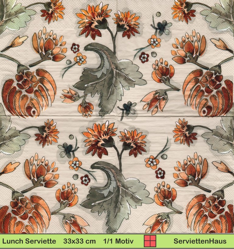 Gezeichnete Blumen und Blätter auf beige - 1 Lunch Serviette