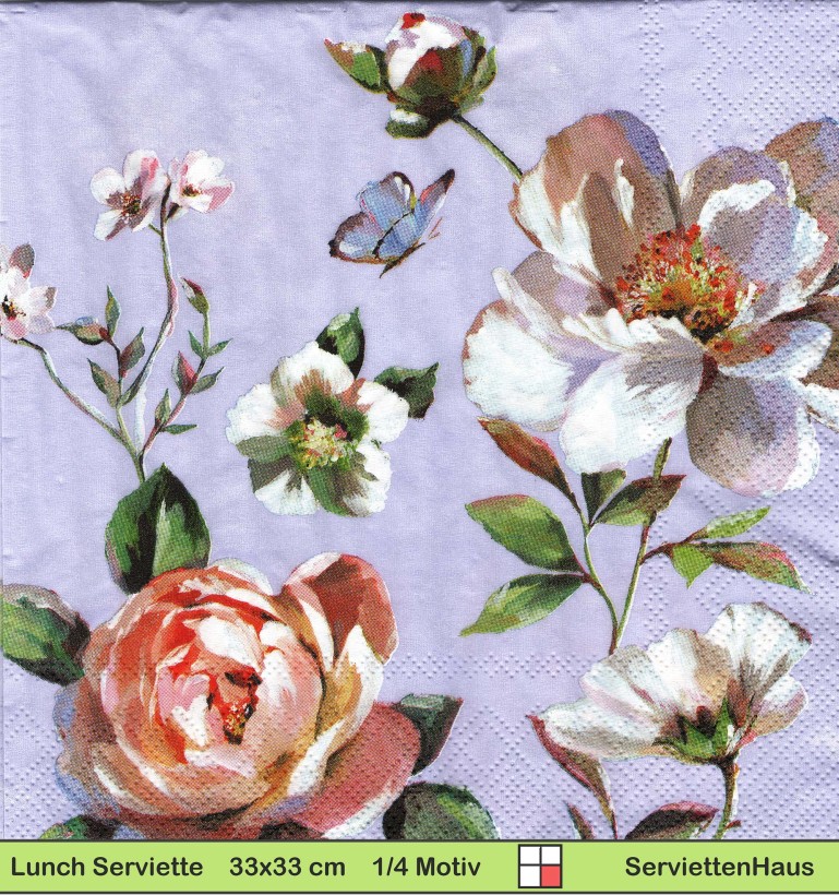 Magnolien Rosen und Schmetterling auf lila - 1 Lunch Serviette