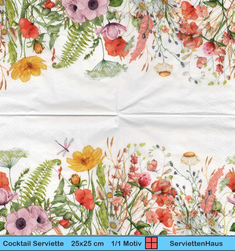 Sommer Blumenwiese mit Libelle - 1 Cocktail Serviette - Halbes Motiv