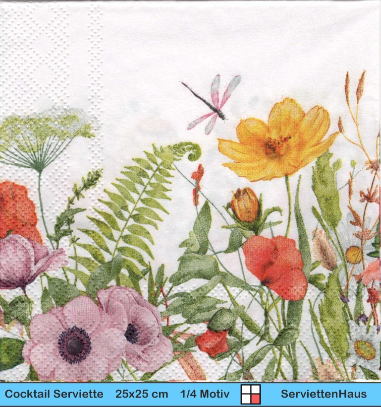 Sommer Blumenwiese mit Libelle - 1 Cocktail Serviette - Halbes Motiv