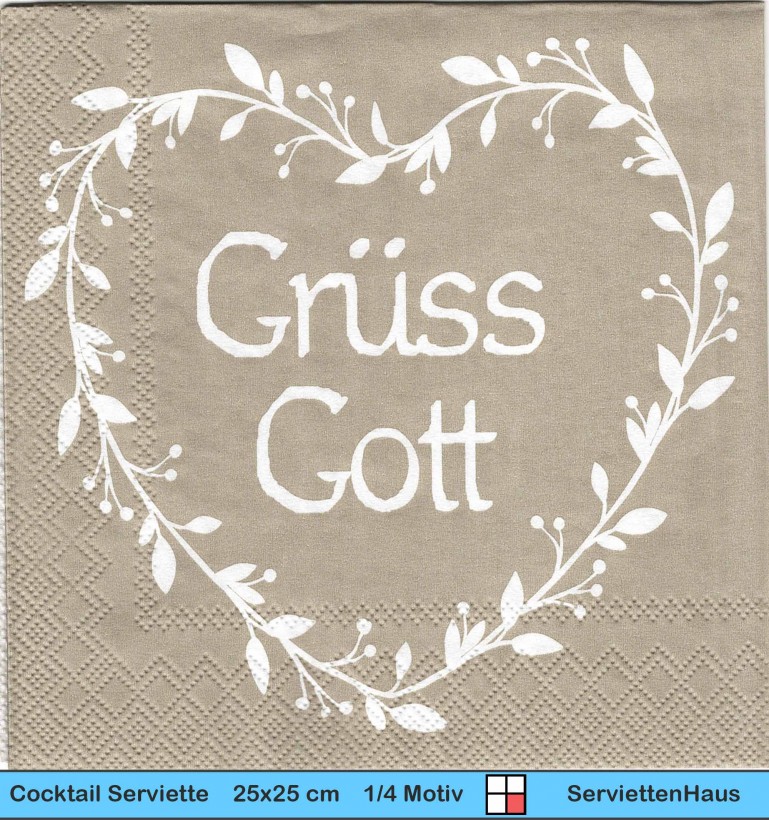 Grüß Gott auf beige ins Herz geschrieben - 1 Cocktail Serviette