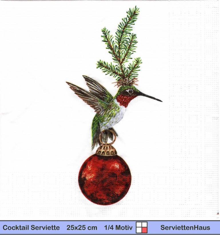 Vicki Saywer - Weihnachtsvogel Kolibri mit Tannenzweig auf Weihnachtskugel - 1 Cocktail Serviette
