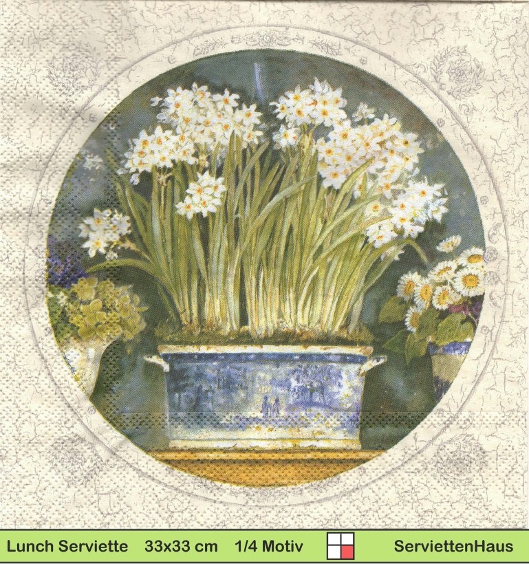 Cypress - Iris und Narzissen in Vasen - 1 Lunch Serviette - Zwei verschiedene 1/4 Motive