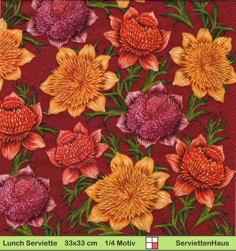 Dahlien in gelb orange lila auf rot - 1 Lunch Serviette - ganzes Motiv