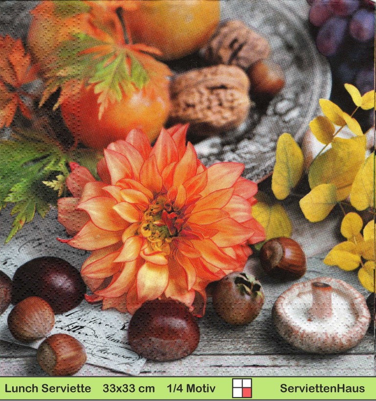 Herbst mit Dahlien Kastanien und Nüssen - 1 Lunch Serviette