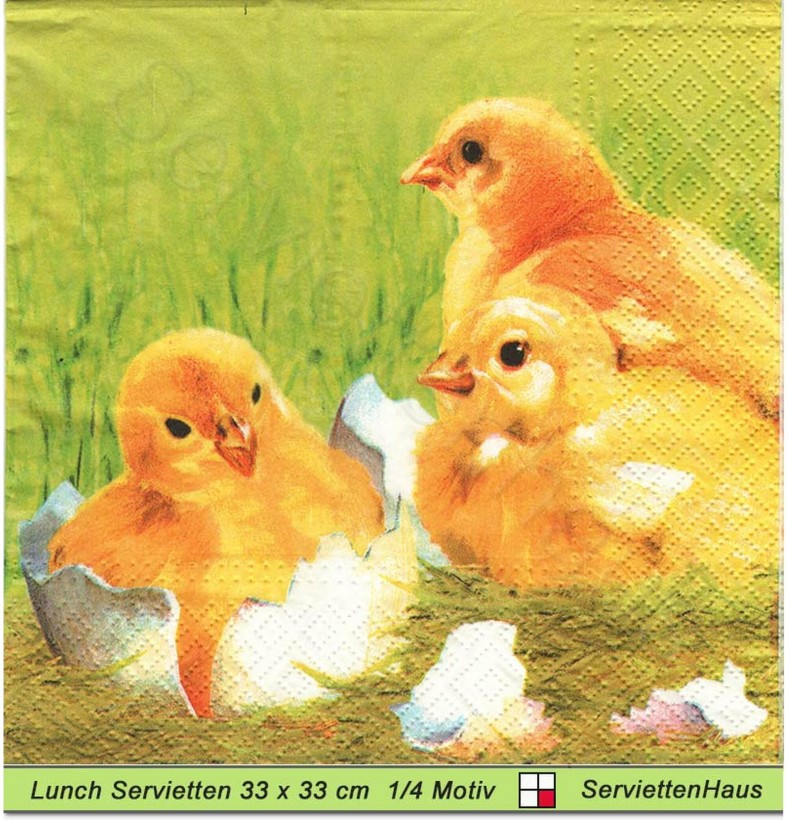 Drei Küken im Gras mit Eierschalen - 1 Lunch Serviette