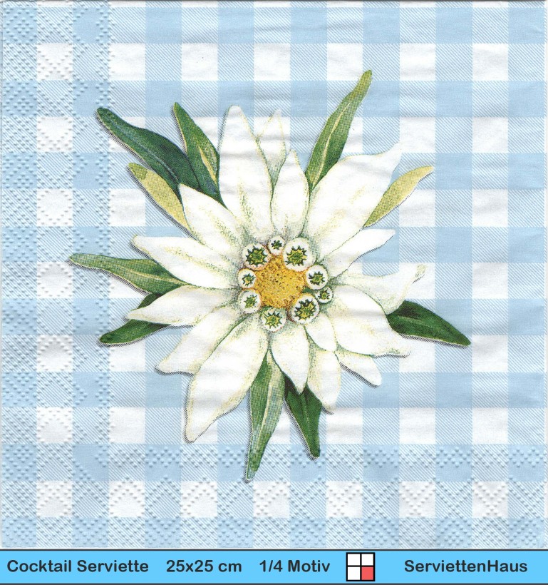 Edelweiß auf blauweiss karriertem Grund - 1 Cocktail Serviette