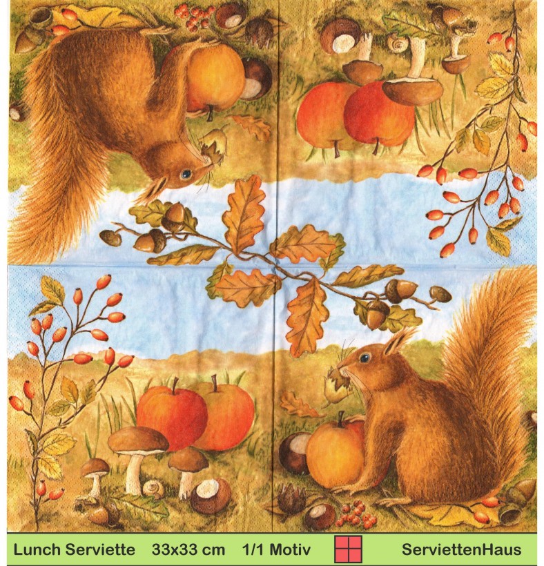 Rarität Eichhörnchen im Herbst mit Haselnuss - 1 Lunch Serviette - halbes Motiv
