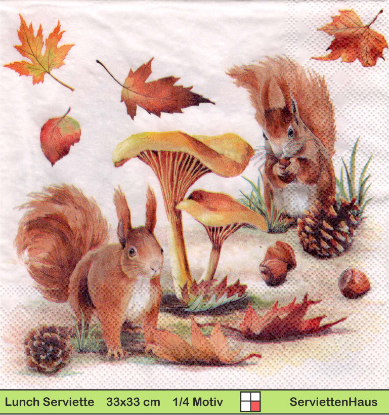 Eichhörnchen Pilze Tannenzapfen Nüsse - 1 Lunch Serviette