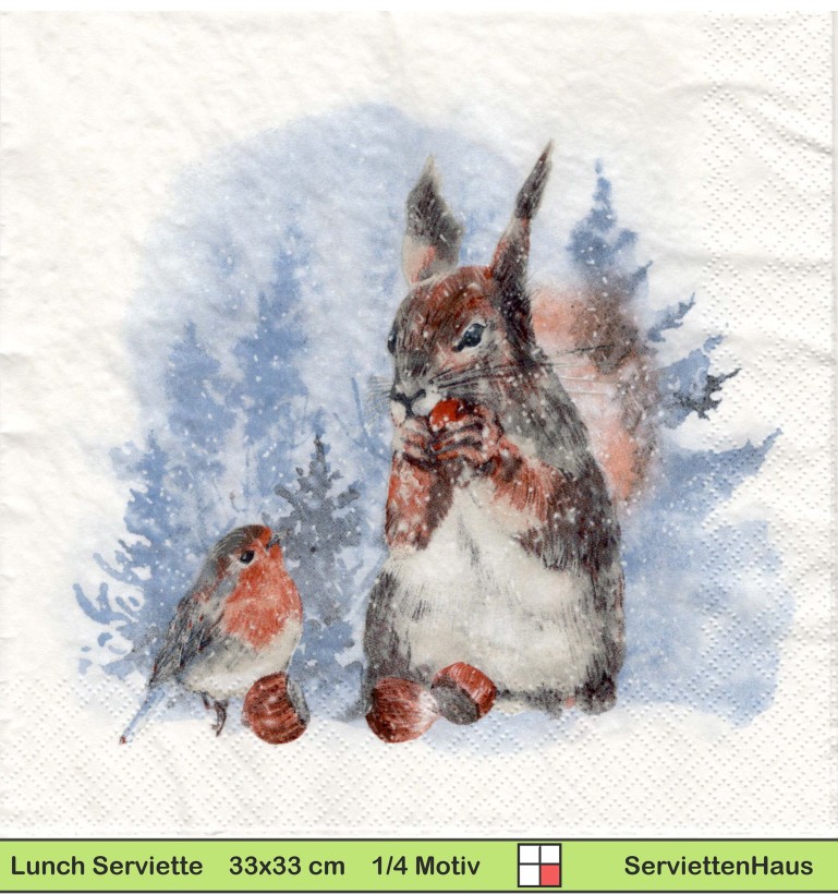 Eichhörnchen und Rotkehlchen im Schnee - 1 Lunch Serviette