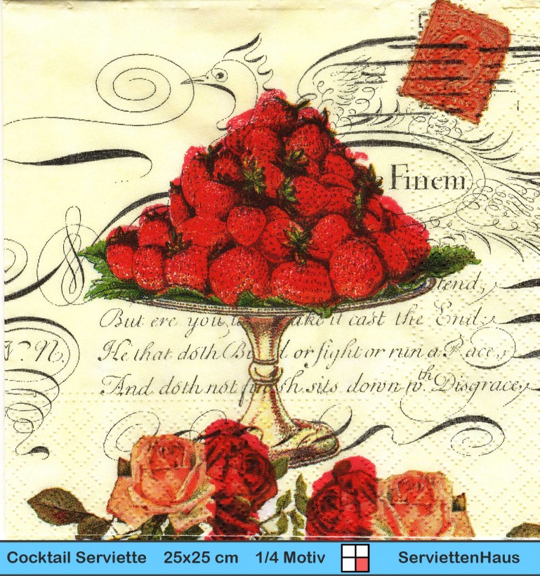 Erdbeeren und Rosen auf Schrift - 1 Cocktail Serviette