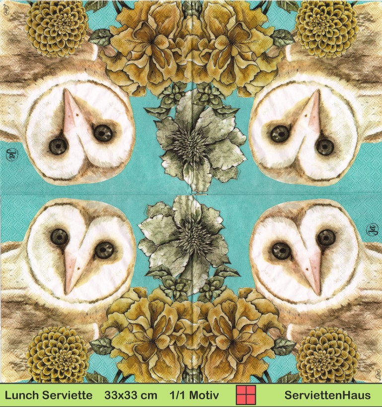 Eule zwischen Blumen auf blau - 1 Lunch Serviette