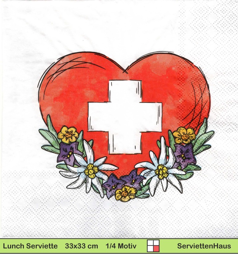 Schweiz - Fahne mit Herz und Enzian - 1 Lunch Serviette