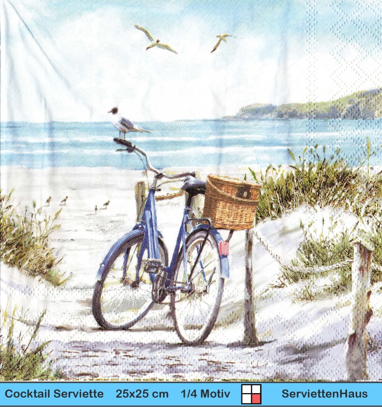 Fahrrad am Strand mit Möwen und Zaun - 1 Cocktail Serviette - halbes Motiv