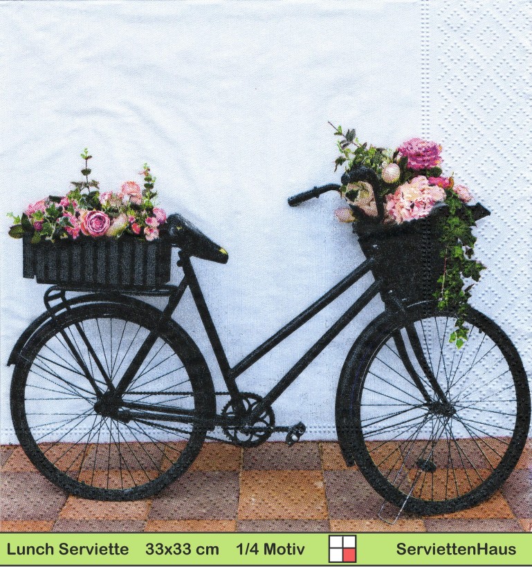 Fahrrad mit Blumenkorb an einer Hauswand - 1 Lunch Serviette
