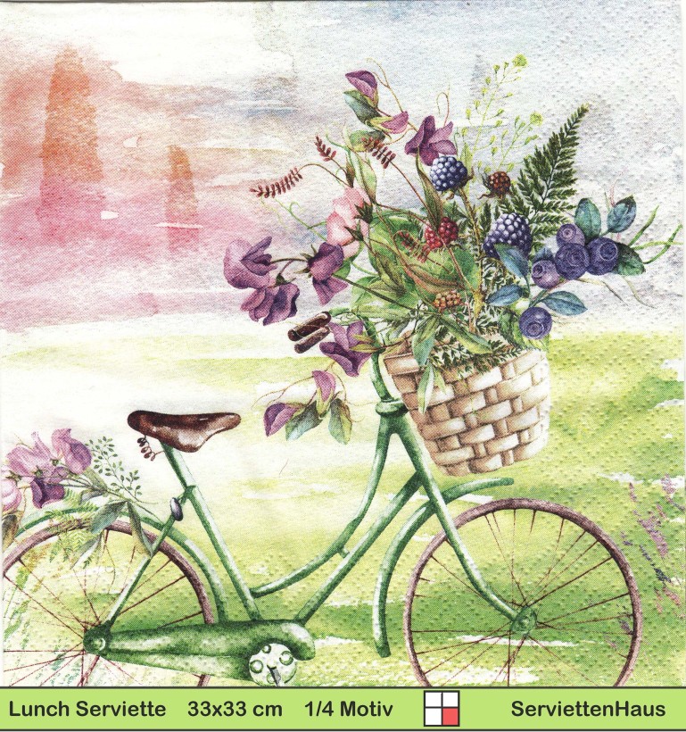 Fahrrad mit großem Blumenkorb vor der Stadt - 1 Lunch Serviette