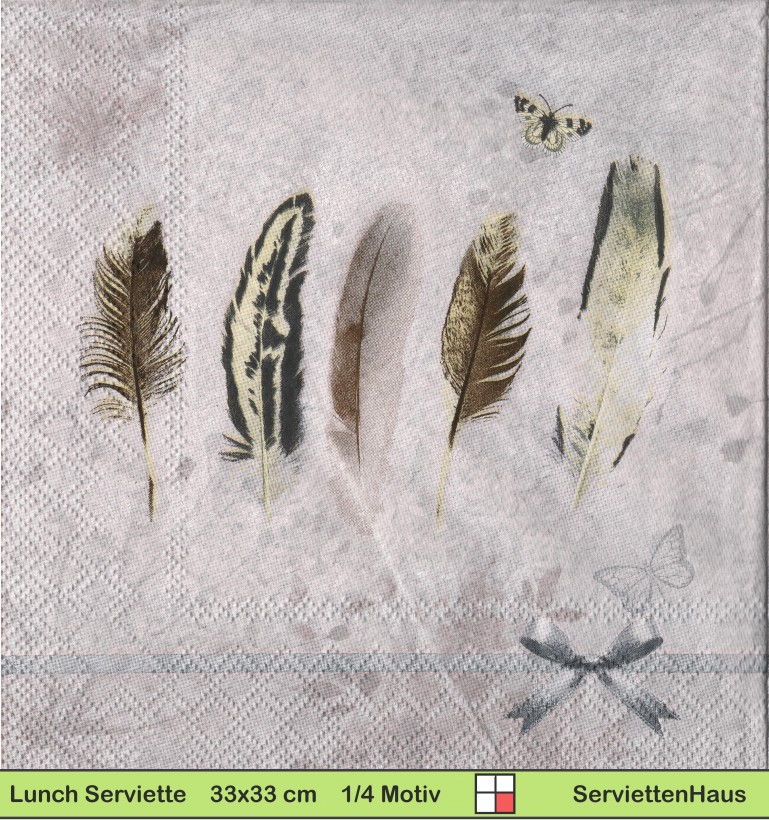 Zarte Federn mit Schmetterling auf grau - 1 Lunch Serviette