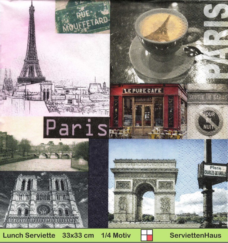 Frankreich - Kleine Bilder aus Paris mit Eiffelturm und Triumpfbogen - 1 Lunch Serviette