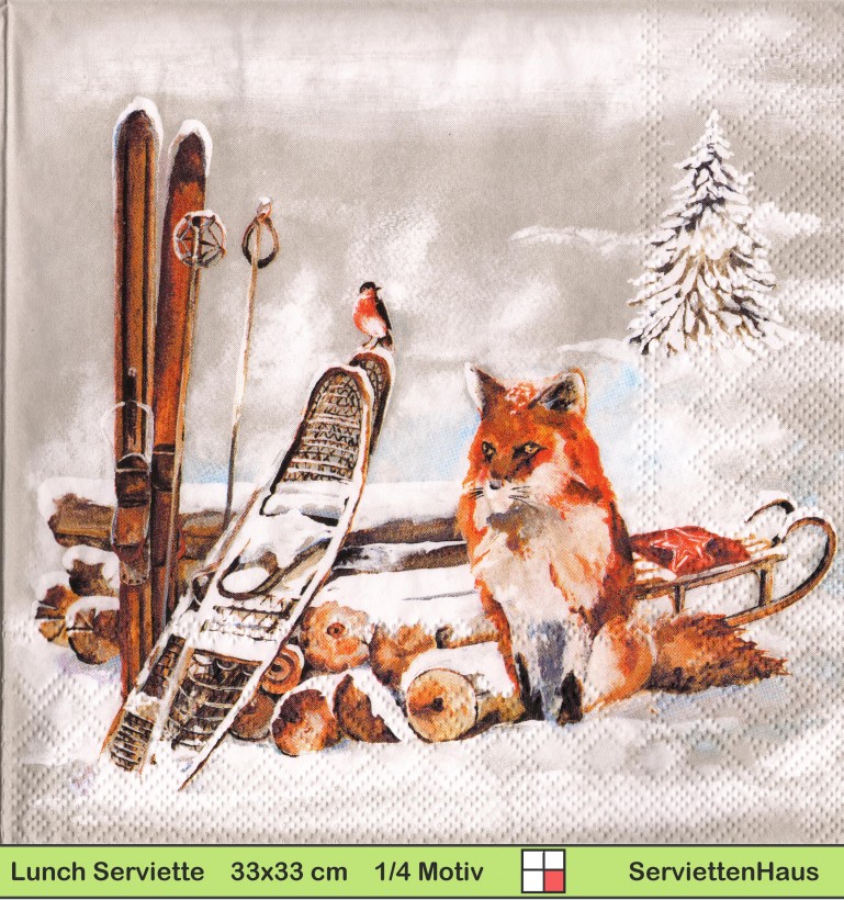 Fuchs Hase und Eule im Schnee mit Ski - 1 Lunch Serviette - halbes Motiv