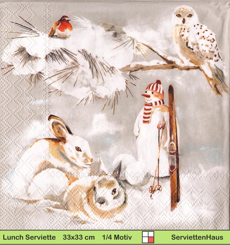 Fuchs Hase und Eule im Schnee mit Ski - 1 Lunch Serviette - halbes Motiv
