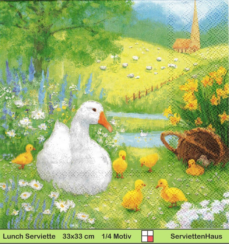 Familie Gans mit Küken auf der Wiese vor der Kirche - 1 Lunch Serviette