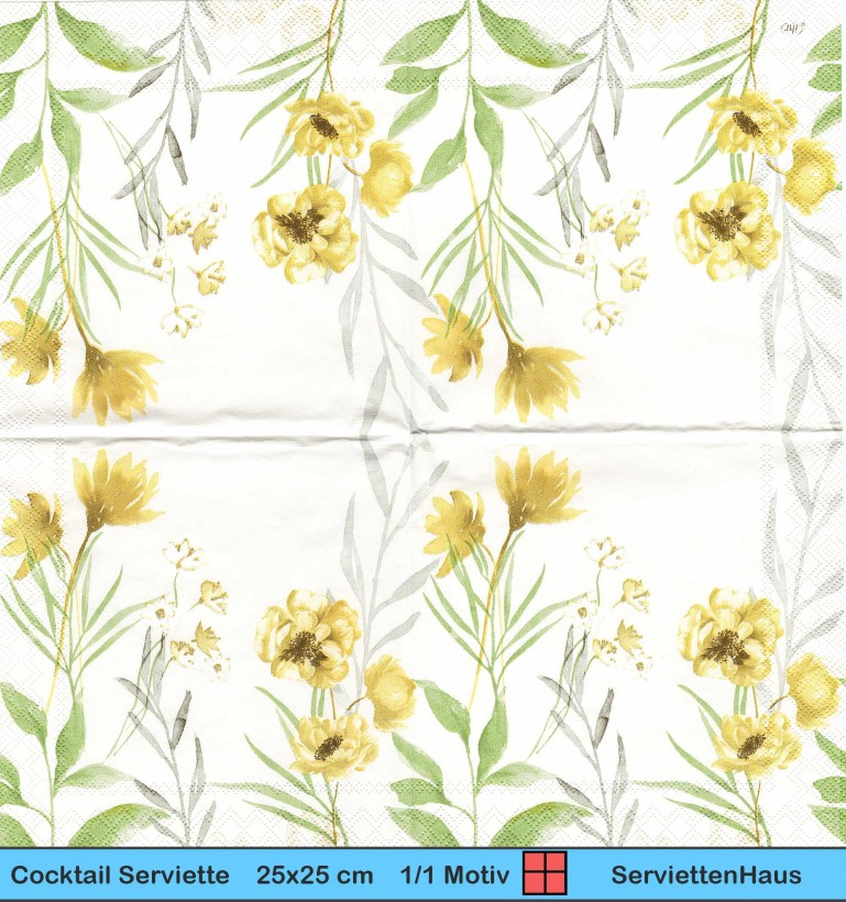 Gelbe Blumen mit Blätter - 1 Cocktail Serviette