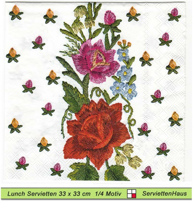 Gestickte Blumen - 1 Lunch Serviette - Zwei verschiedene 1/4 Motive