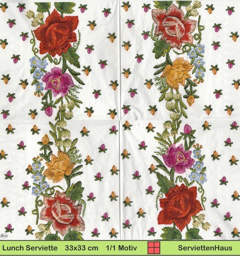 Gestickte Blumen - 1 Lunch Serviette - Zwei verschiedene 1/4 Motive