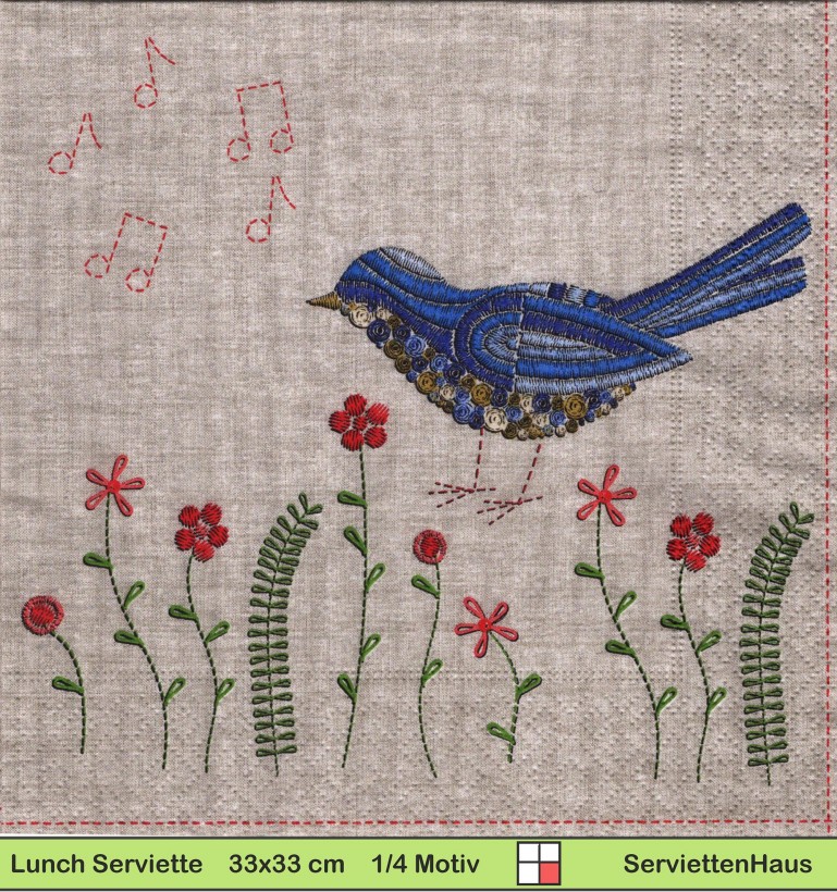 Gestickter Vogel mit Musiknoten und Blumen - 1 Lunch Serviette