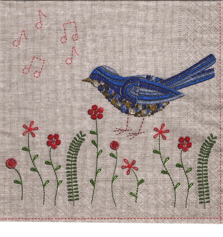 Gestickter Vogel mit Musiknoten und Blumen - 1 Lunch Serviette