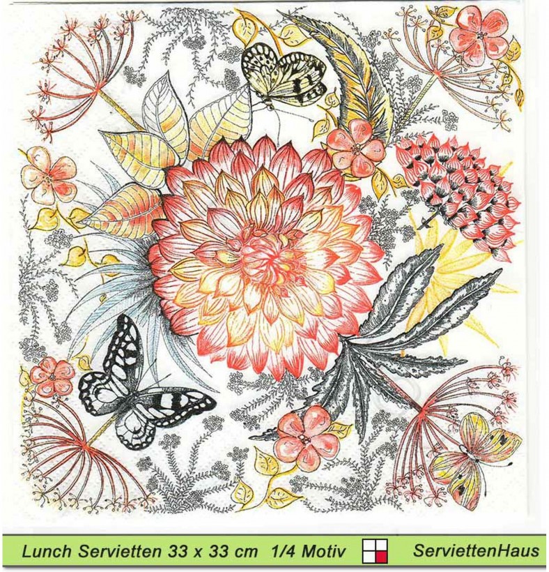 Gezeichnete Dahlien mit Schmetterlingen - 1 Lunch Serviette