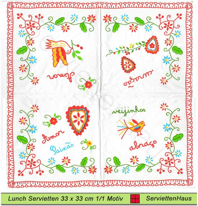 Gezeichnete Herzen und Vögel - 1 Lunch Serviette