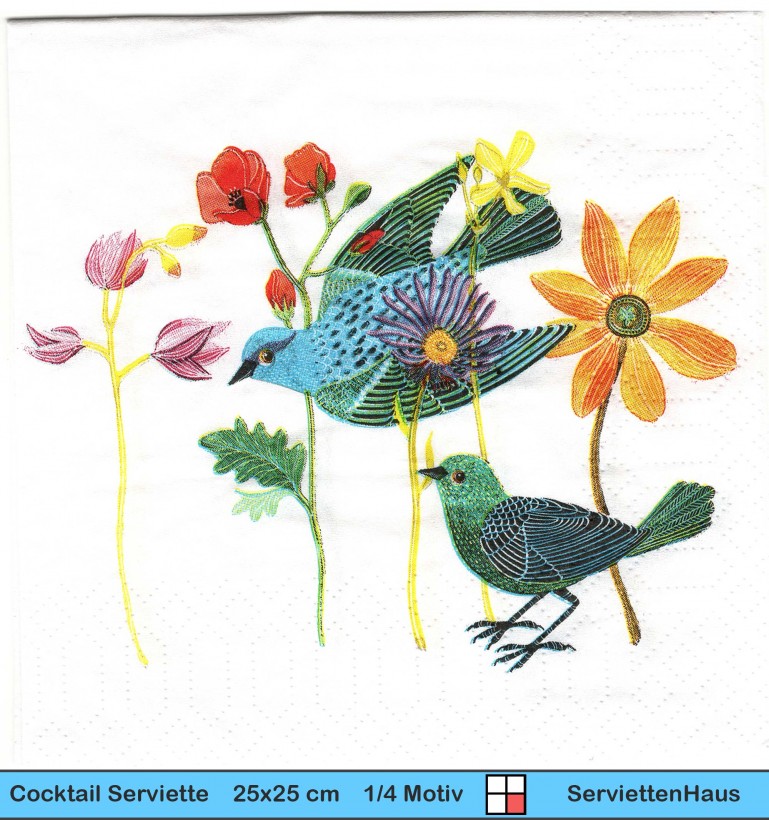 Zwei gezeichenete Vögel zwischen Blumen - 1 Cocktail Serviette