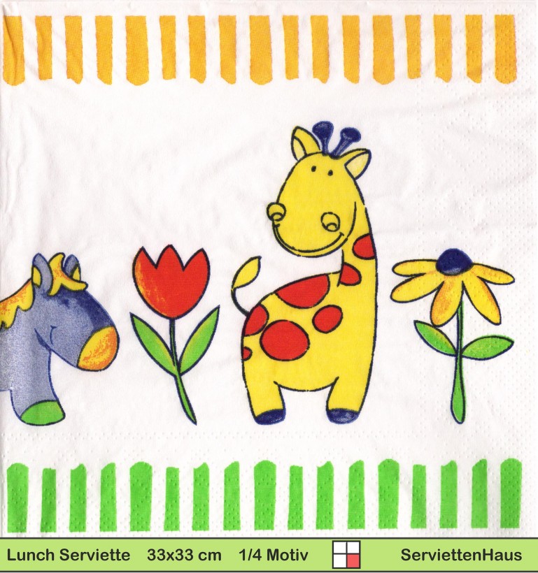 Giraffe und Esel zwischen Blumen - 1 Lunch Serviette - halbes Motiv