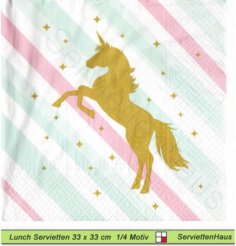 Goldenes Einhorn auf Streifen - 1 Lunch Serviette