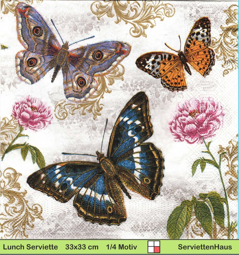 Große Schmetterlinge mit Ornamenten und Pfingstrosen - 1 Lunch Serviette