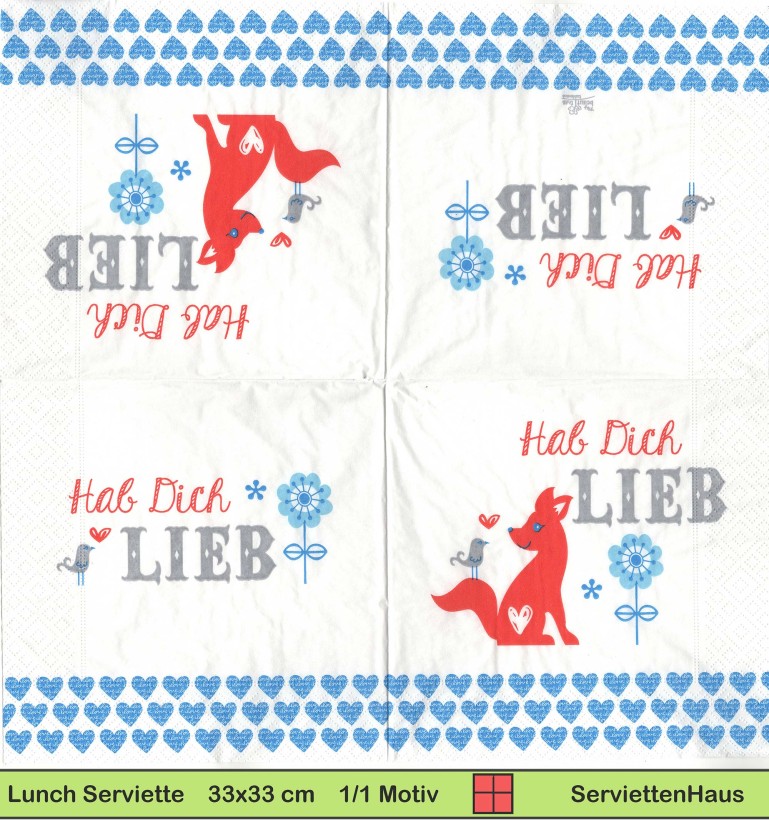 Hab dich lieb - 1 Lunch Serviette -  Zwei verschiedene 1/4 Motive