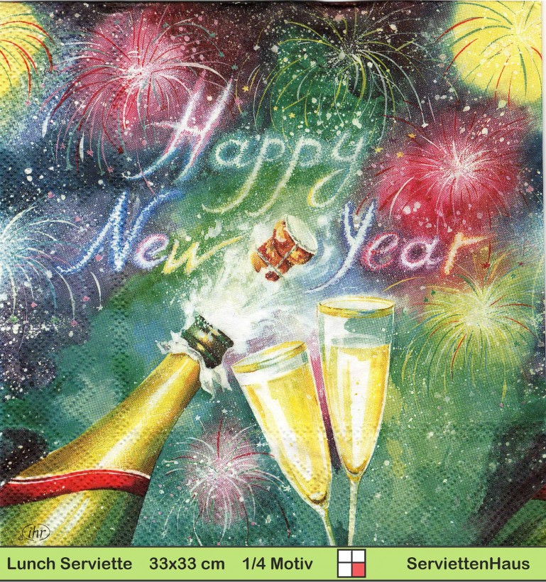 Silvester Happy new year mit Feuerwerk und Sektgläser - 1 Lunch Serviette